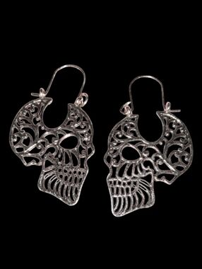 Silver Filigree Skull Earrings Face Dia De Los Muertos Gothic Goth Lace Swirl